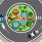 Hình ảnh một vòng xuyến với hai ô tô đang chạy xung quanh, ở giữa có khu vườn nhỏ với con đường, ghế đá, và hồ nước