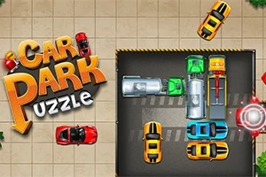 Hình ảnh có các ô tô màu sắc khác nhau đậu trong một bãi đậu xe với chữ Car Park Puzzle bên trái