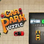 Hình ảnh có các ô tô màu sắc khác nhau đậu trong một bãi đậu xe với chữ Car Park Puzzle bên trái
