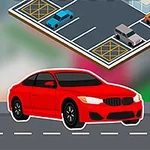 Một chiếc xe ô tô màu đỏ trên đường gần khu vực bãi đỗ xe với biển báo đỗ xe và các ô tô khác đỗ trong bãi