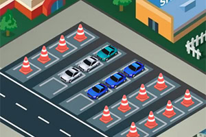 Bãi đỗ xe với các xe ô tô màu xám và xanh, bao quanh bởi các cọc tiêu giao thông cam trắng