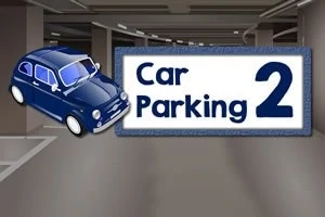 Hình ảnh một chiếc xe ô tô màu xanh và bảng hiệu với chữ Car Parking 2 trong một bãi đỗ xe