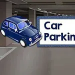 Hình ảnh một chiếc xe ô tô màu xanh và bảng hiệu với chữ Car Parking 2 trong một bãi đỗ xe