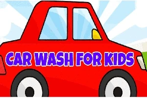 Hình ảnh một chiếc xe hơi đỏ với dòng chữ Car Wash for Kids in màu xanh trên thân xe