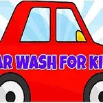 Hình ảnh một chiếc xe hơi đỏ với dòng chữ Car Wash for Kids in màu xanh trên thân xe