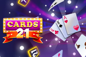 Hình ảnh gồm các lá bài với biểu tượng A và dòng chữ CARDS 21 trên nền màu tím có các đốm sáng