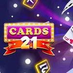 Hình ảnh gồm các lá bài với biểu tượng A và dòng chữ CARDS 21 trên nền màu tím có các đốm sáng