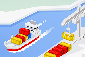 Tàu chở hàng với nhiều container màu đỏ, vàng, xanh đang di chuyển trên sông gần bến cảng có cần cẩu bốc dỡ container