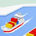 Tàu chở hàng với nhiều container màu đỏ, vàng, xanh đang di chuyển trên sông gần bến cảng có cần cẩu bốc dỡ container