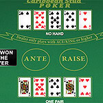 Bàn trò chơi với các lá bài đã lật, hiển thị dòng chữ HAND WON BY THE PLAYER và các khu vực đặt cược ANTE và RAISE