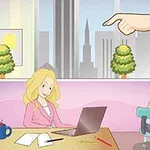 Một văn phòng với một người phụ nữ tóc vàng làm việc trên máy tính xách tay và một em bé tóc đỏ ngồi ở ghế xoay, trong khi một bàn tay lớn chỉ vào phía khung cảnh bên ngoài là thành phố
