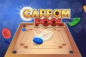 Bàn chơi carrom với các quân cờ màu xanh, đỏ và xanh lá cây