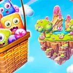 Giỏ khinh khí cầu chứa các khối kẹo nhiều màu sắc và khuôn mặt vui nhộn bay bên cạnh một hòn đảo nổi màu xanh với cây cối và thác nước