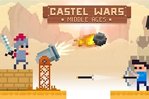 Hai nhân vật pixel đang ở hai bên đấu trường bắn pháo và cung tên với nhau, phía trên là tiêu đề trên bảng gỗ
