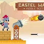 Hai nhân vật pixel đang ở hai bên đấu trường bắn pháo và cung tên với nhau, phía trên là tiêu đề trên bảng gỗ