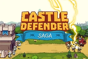 Hình ảnh có dòng chữ Castle Defender Saga với một tòa tháp ở bên trái và cảnh chiến đấu giữa các chiến binh và quái vật ở bên phải