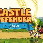 Hình ảnh có dòng chữ Castle Defender Saga với một tòa tháp ở bên trái và cảnh chiến đấu giữa các chiến binh và quái vật ở bên phải