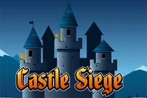 Hình ảnh một lâu đài với ba tháp lớn có mái xanh lam, nền trời tối và dòng chữ Castle Siege