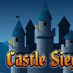 Hình ảnh một lâu đài với ba tháp lớn có mái xanh lam, nền trời tối và dòng chữ Castle Siege