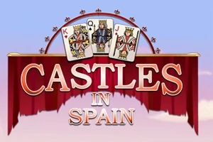 Hình ảnh có ba lá bài Vua, Hoàng hậu, và Jack trên nền trời xanh và dòng chữ CASTLES IN SPAIN màu đỏ đậm