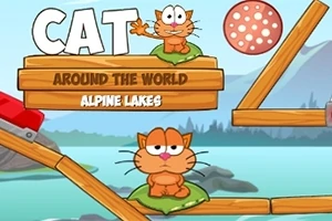 Chú mèo hoạt hình ngồi trên tấm lá bên hồ, với chữ CAT AROUND THE WORLD ALPINE LAKES phía trên và các mảnh gỗ xung quanh
