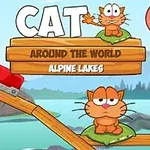Chú mèo hoạt hình ngồi trên tấm lá bên hồ, với chữ CAT AROUND THE WORLD ALPINE LAKES phía trên và các mảnh gỗ xung quanh