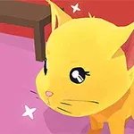Một chú mèo vàng hoạt hình với đôi mắt to, đứng trên sàn màu hồng và nền tường đỏ