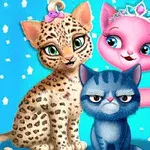 Ba chú mèo hoạt hình dễ thương với biểu cảm khác nhau trên nền màu xanh dương