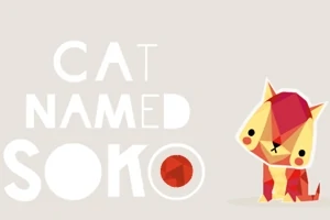 Hình ảnh có chú mèo hoạt hình màu đỏ và vàng đứng cạnh dòng chữ CAT NAMED SOKO