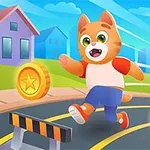Chú mèo hoạt hình màu cam đang chạy trên đường và thu thập đồng xu vàng trong khung cảnh thành phố vui nhộn