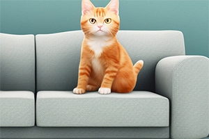 Chú mèo lông cam đang ngồi trên ghế sofa màu xám