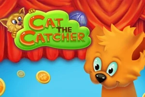 Hình ảnh một con mèo màu cam với chữ Cat the Catcher phía trên, nền là tấm rèm đỏ, và có các đồng xu vàng cùng cuộn len màu xanh