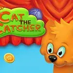 Hình ảnh một con mèo màu cam với chữ Cat the Catcher phía trên, nền là tấm rèm đỏ, và có các đồng xu vàng cùng cuộn len màu xanh