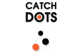 Chữ CATCH DOTS màu đen và trắng nằm trên nền trắng với các chấm tròn màu đen và đỏ bên dưới