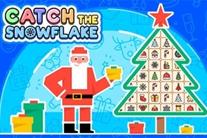 Ông già Noel cầm một món quà bên cạnh cây thông Noel được trang trí với các hình ảnh nhỏ, trên nền xanh có chữ Catch the Snowflake