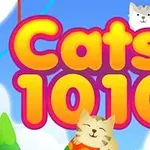 Chữ Cats 1010 màu vàng cam với viền đỏ, nền là bầu trời xanh và hai con mèo đáng yêu