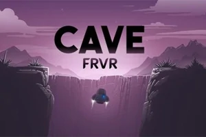 Hình ảnh có một chiếc phi thuyền nhỏ bay qua hẻm núi, nền trời tím và dòng chữ CAVE FRVR lớn ở phía trên