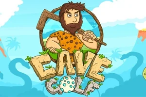 Một người đàn ông thời tiền sử cầm gậy trên vai đứng trước chữ CAVE GOLF với phong cảnh hoạt hình xung quanh