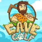 Một người đàn ông thời tiền sử cầm gậy trên vai đứng trước chữ CAVE GOLF với phong cảnh hoạt hình xung quanh
