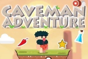 Một nhân vật người tiền sử đứng trên một nền tảng cỏ với tiêu đề Caveman Adventure phía trên, cùng các biểu tượng như ngôi sao vàng, bình thuốc, và ớt đỏ