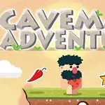 Một nhân vật người tiền sử đứng trên một nền tảng cỏ với tiêu đề Caveman Adventure phía trên, cùng các biểu tượng như ngôi sao vàng, bình thuốc, và ớt đỏ