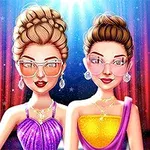 Hai nhân vật nữ, tóc búi cao, đeo kính mát, mặc váy dạ hội đứng trước phông nền sân khấu sáng đèn