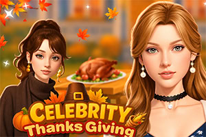 Hai phụ nữ ăn mặc sang trọng bên gà tây quay và dòng chữ Celebrity Thanksgiving giữa khung cảnh mùa thu