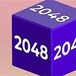 Khối lập phương màu tím với số 2048 in trên các mặt, trên nền màu hồng nhạt