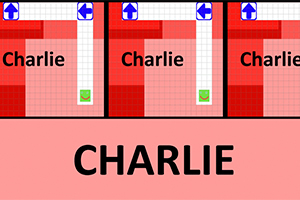 Hình ảnh gồm ba ô vuông màu đỏ với lưới đường và mũi tên, có chữ Charlie trong mỗi ô, phía dưới là chữ CHARLIE lớn trên nền hồng