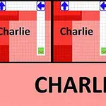 Hình ảnh gồm ba ô vuông màu đỏ với lưới đường và mũi tên, có chữ Charlie trong mỗi ô, phía dưới là chữ CHARLIE lớn trên nền hồng