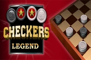 Bàn cờ với các quân cờ màu đen và trắng trên nền đỏ, có chữ Checkers Legend bên trái
