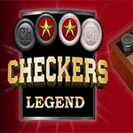 Bàn cờ với các quân cờ màu đen và trắng trên nền đỏ, có chữ Checkers Legend bên trái