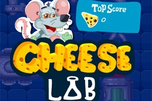 Chuột xám hoạt hình đứng sau chữ CHEESE LAB màu vàng, cạnh một biểu tượng hình miếng pho mát và dòng chữ TOP Score