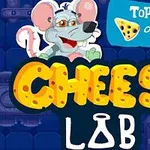 Chuột xám hoạt hình đứng sau chữ CHEESE LAB màu vàng, cạnh một biểu tượng hình miếng pho mát và dòng chữ TOP Score